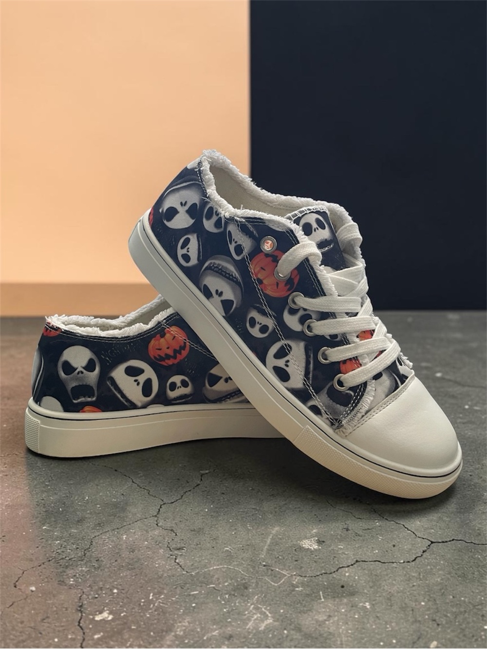 Halloween Skull & Pumpkin Print Sneakers - Distressed Canvas - Size 7.5/38
